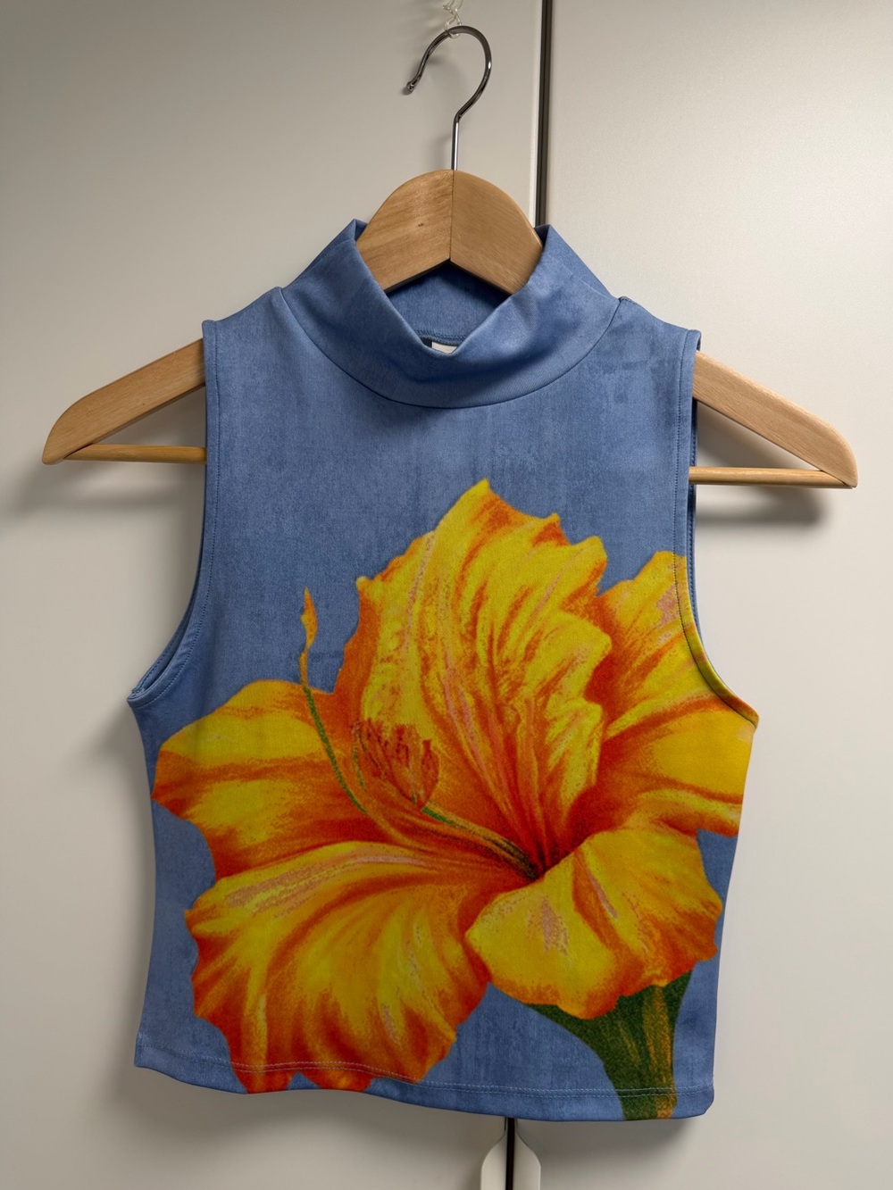 Urban Outfitters Blue Mock Neck Tank with Bold Yellow-Orange Floral